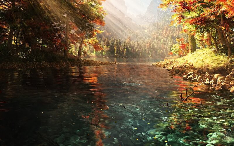 River Through Autumn Forest — Green, Serene, Digital Art