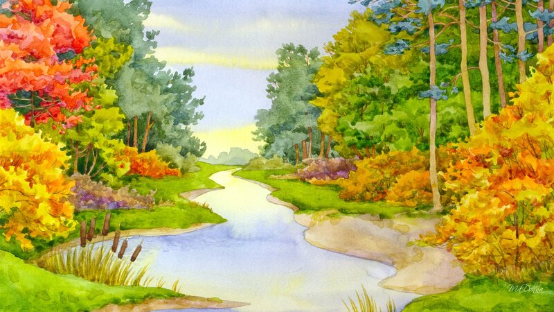 River Through Autumn Forest — Green, Serene, Painting