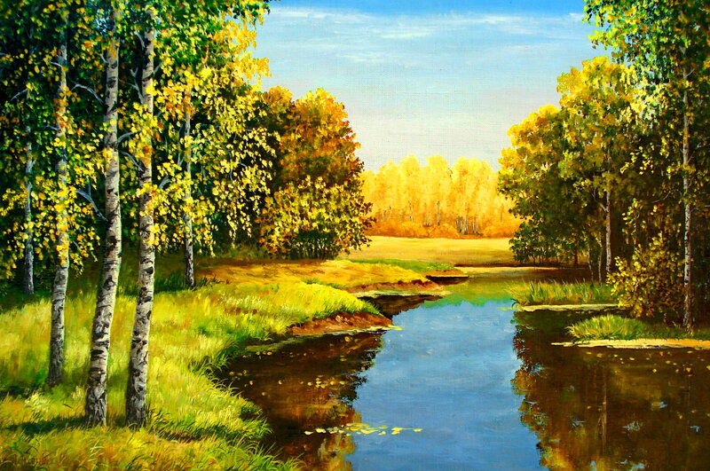 River Through Autumn Forest — Green, Serene, Painting, Trees, Sky
