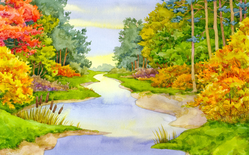 River Through Autumn Forest — Green, Serene, Painting, Trees, Stream
