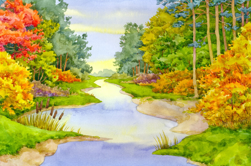 River Through Autumn Forest — Green, Serene, Painting, Trees