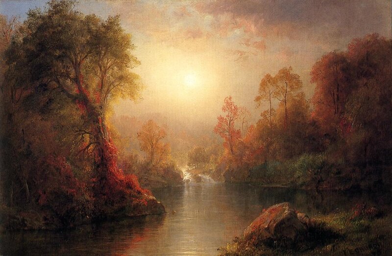 River Through Autumn Forest — Orange, Serene, Painting