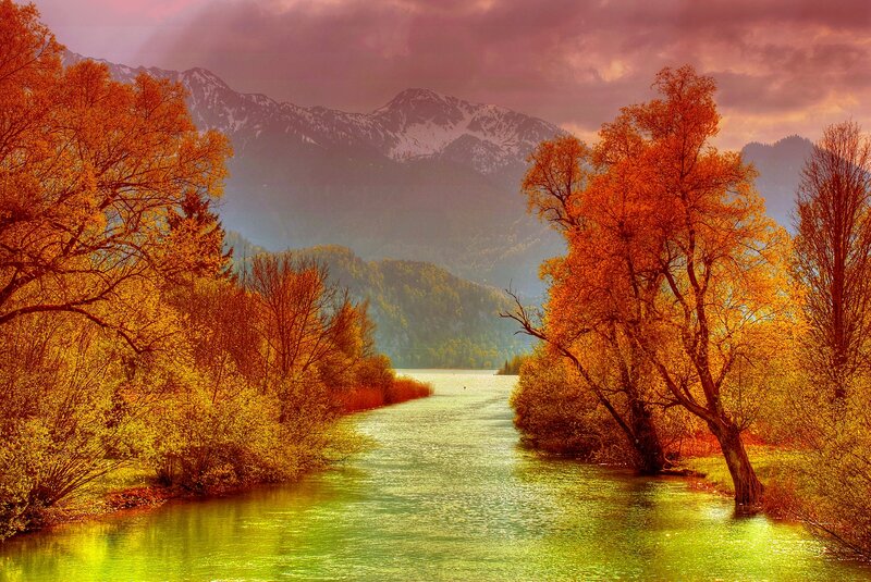 River Through Autumn Forest — Orange, Serene, Photograph, Mountains