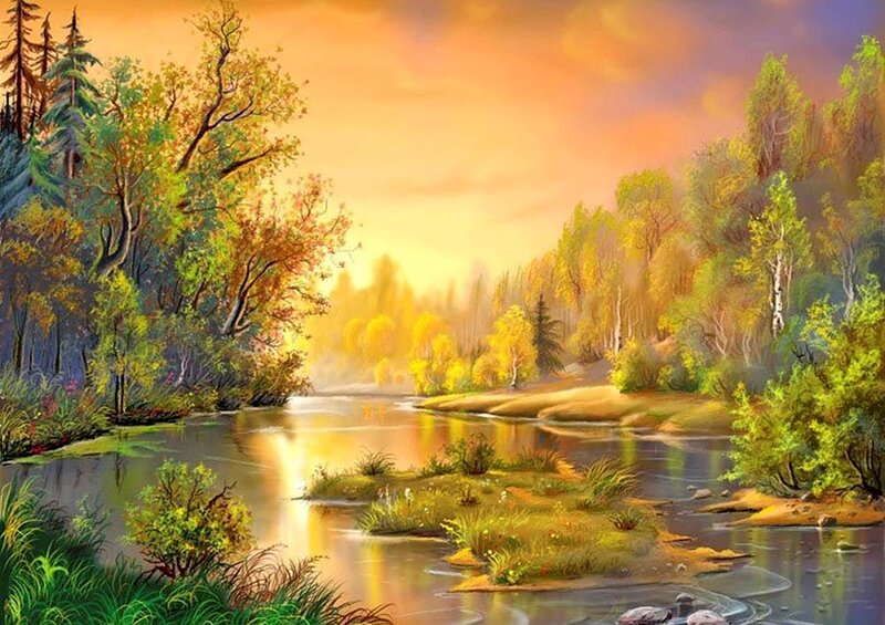 River Through Autumn Forest — Orange, Serene, Sunset, Painting