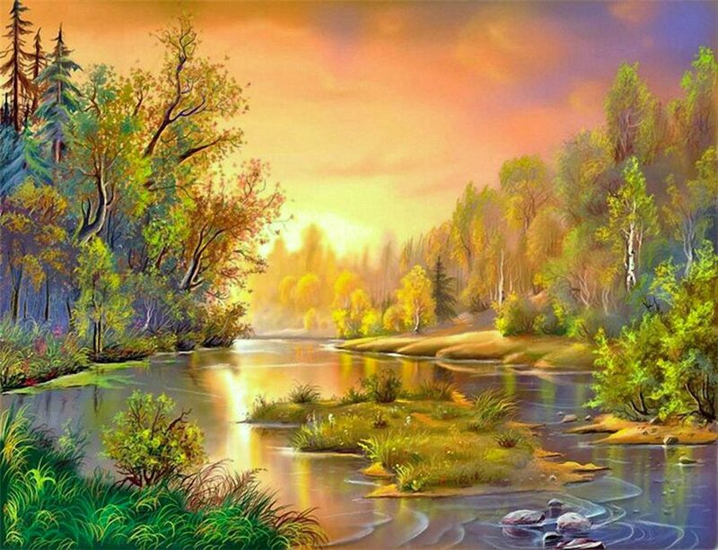 River Through Autumn Forest — Orange, Serene, Sunset, Painting, Trees
