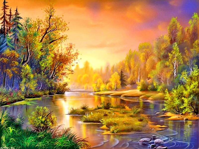 River Through Autumn Forest — Orange, Serene, Sunset