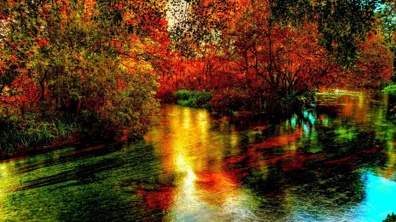 River Through Autumn Forest — Red, Dramatic, Digital Art