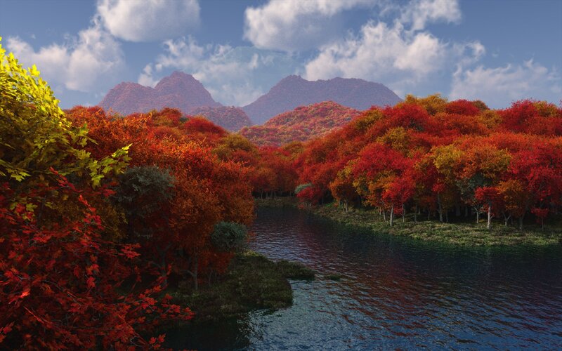 River Through Autumn Forest — Red, Serene, 3d Render