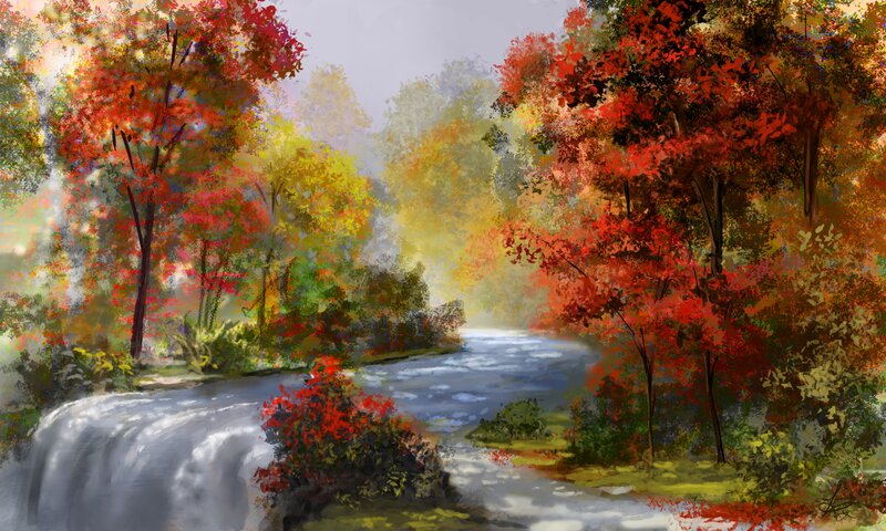 River Through Autumn Forest — Red, Serene, Digital Art