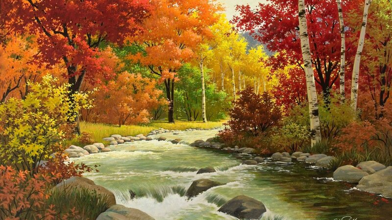 River Through Autumn Forest — Red, Serene, Painting