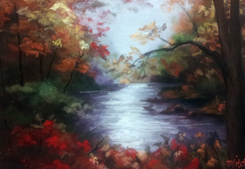 River Through Autumn Forest — Red, Serene, Painting, Trees, Foliage