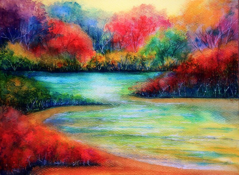 River Through Autumn Forest — Red, Serene, Painting, Trees, Sky