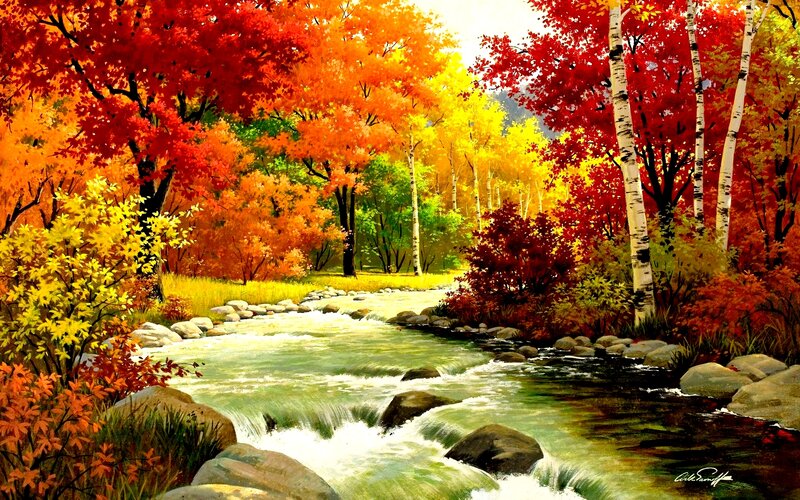 River Through Autumn Forest — Red, Serene, Painting, Trees