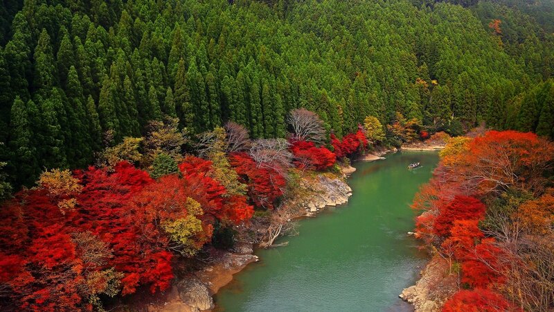 River Through Autumn Forest — Red, Serene, Photograph, Trees, Boat