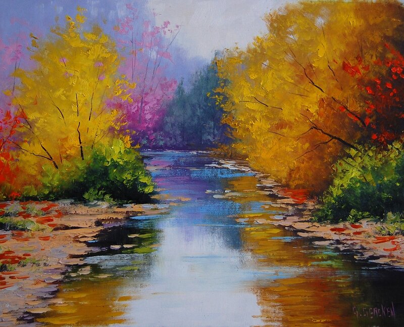 River Through Autumn Forest — Yellow, Serene, Painting