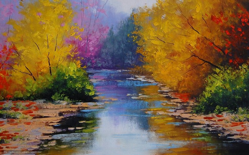 River Through Autumn Forest — Yellow, Serene, Painting, Trees