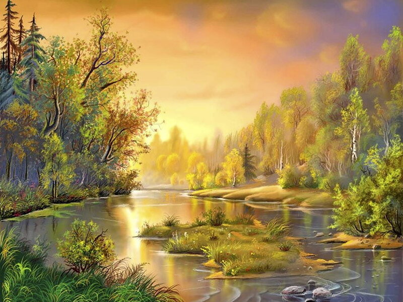 River Through Autumn Forest — Yellow, Serene, Sunset