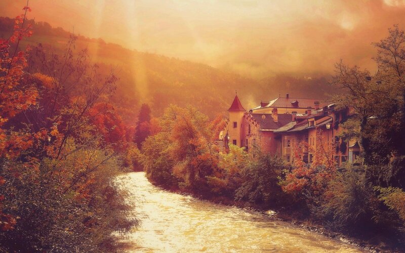 River Through Autumn Village