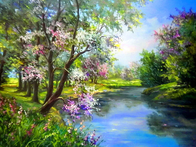 River Through Blooming Trees