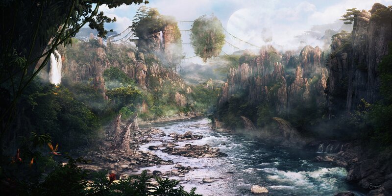 River Through Canyon — Green, Serene