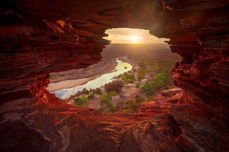 River Through Canyon — Red, Serene, Sunset