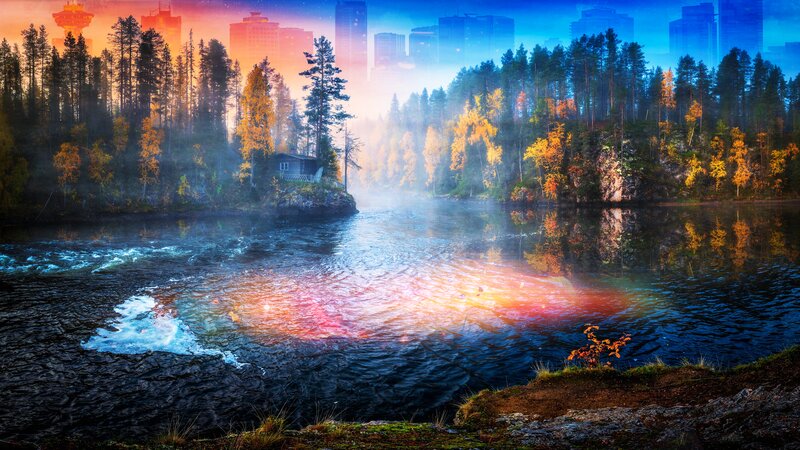 River Through Forest — Blue, Dramatic, Sunset, Digital Art