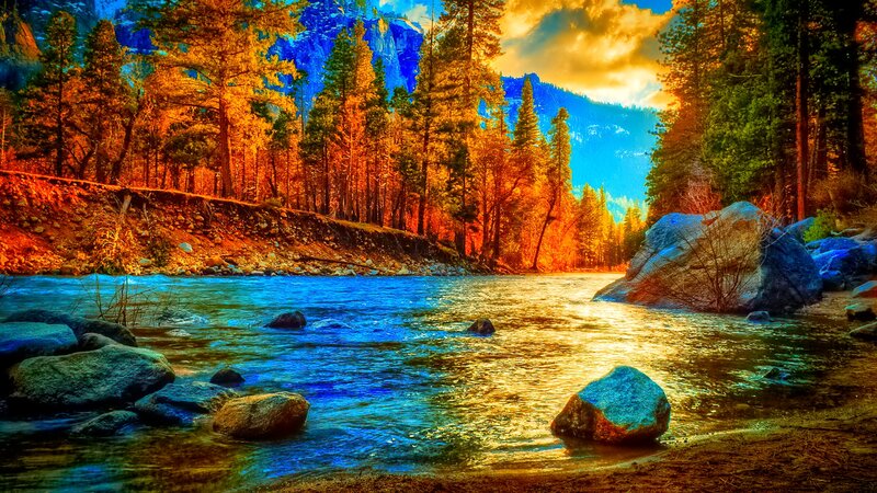 River Through Forest — Blue, Dramatic, Sunset