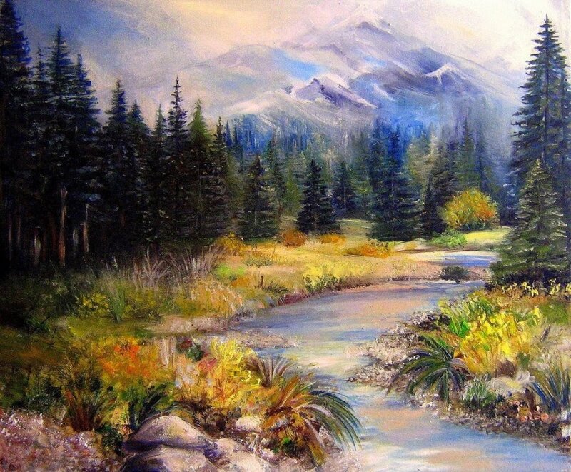 River Through Forest — Blue, Serene, Autumn, Painting