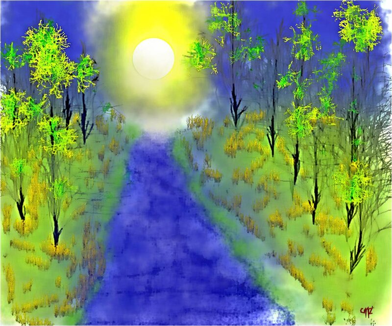 River Through Forest — Blue, Serene, Night, Digital Art
