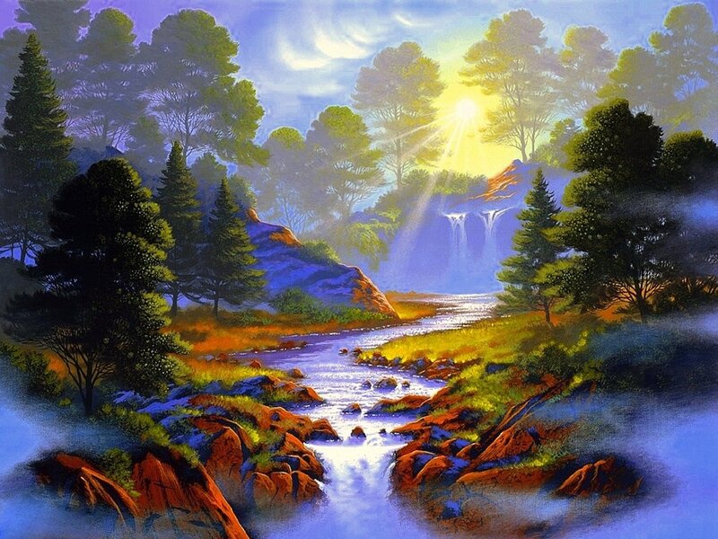 River Through Forest — Blue, Serene, Sunrise