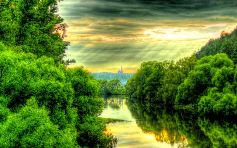 River Through Forest — Green, Dramatic, Sunset, Photograph