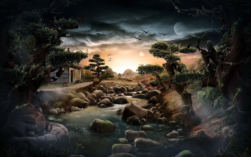 River Through Forest — Green, Dramatic