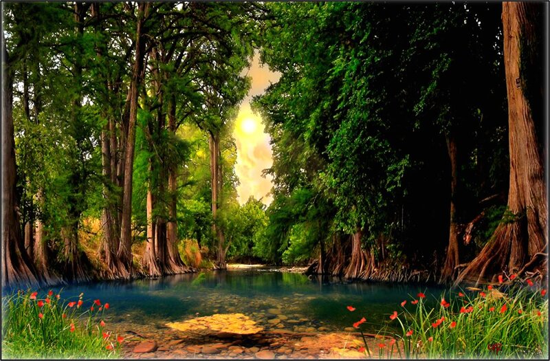 River Through Forest — Green, Serene, Afternoon, Digital Art