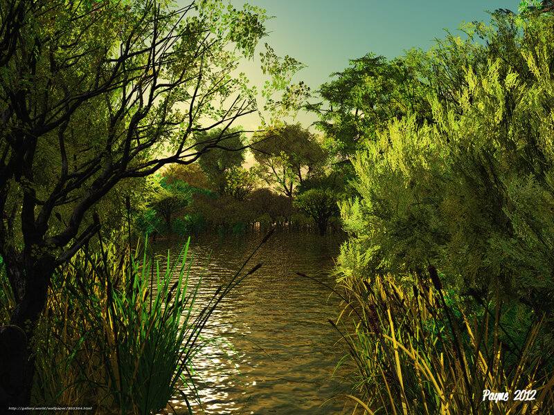 River Through Forest — Green, Serene, Afternoon, Digital Art, Trees