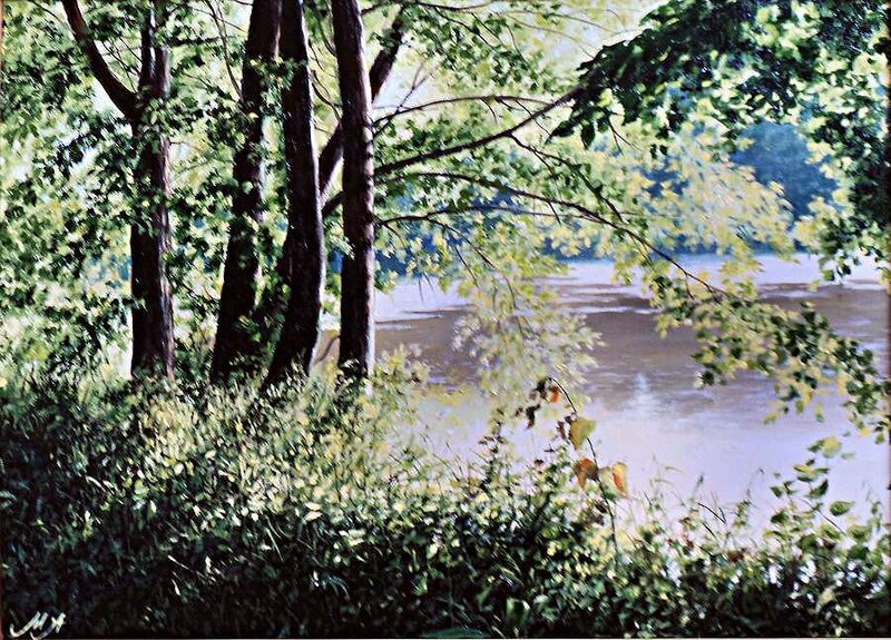 River Through Forest — Green, Serene, Afternoon, Painting