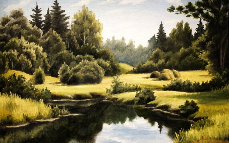 River Through Forest — Green, Serene, Afternoon, Painting, Trees, Field