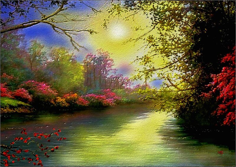 River Through Forest — Green, Serene, Afternoon, Painting, Trees, Flowers, Sunlight