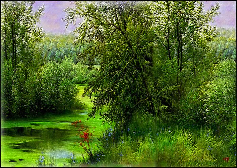 River Through Forest — Green, Serene, Afternoon, Painting, Trees, Flowers, Water