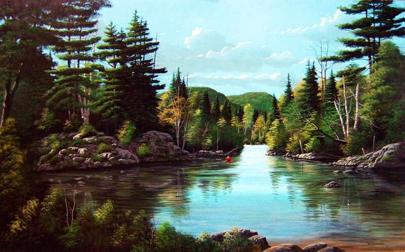 River Through Forest — Green, Serene, Afternoon, Painting, Trees, Rocks