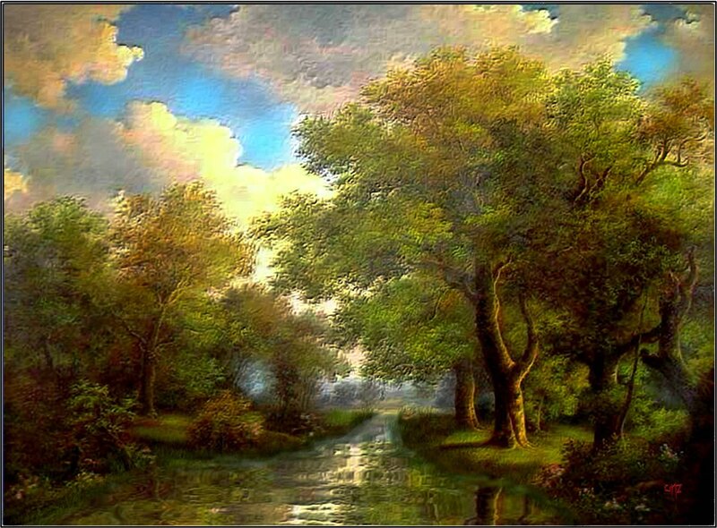 River Through Forest — Green, Serene, Afternoon, Painting, Trees, Sky, Clouds