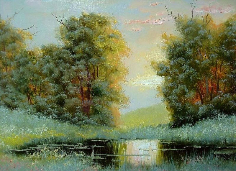 River Through Forest — Green, Serene, Afternoon, Painting, Trees, Sky