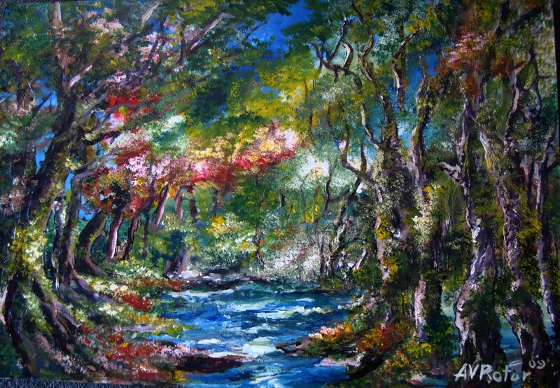 River Through Forest — Green, Serene, Afternoon, Painting, Trees, Stream