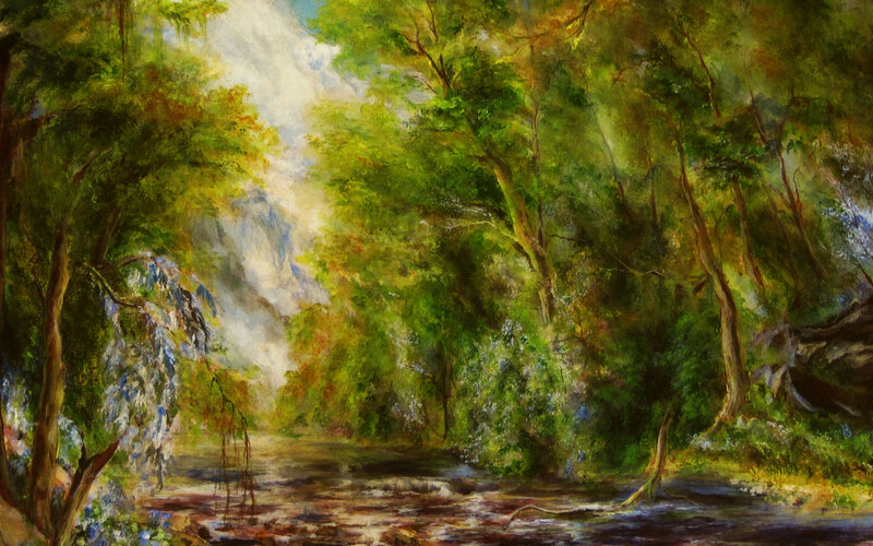River Through Forest — Green, Serene, Afternoon, Painting, Trees