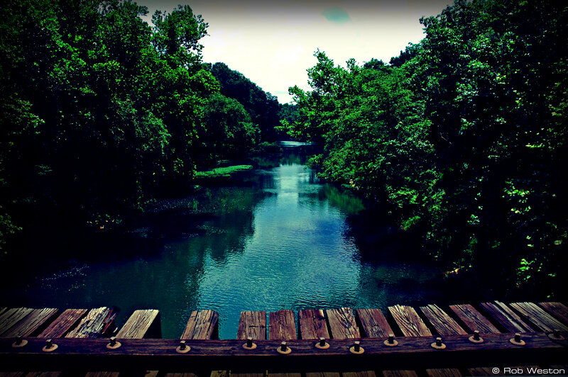 River Through Forest — Green, Serene, Afternoon, Photograph, Wooden Bridge