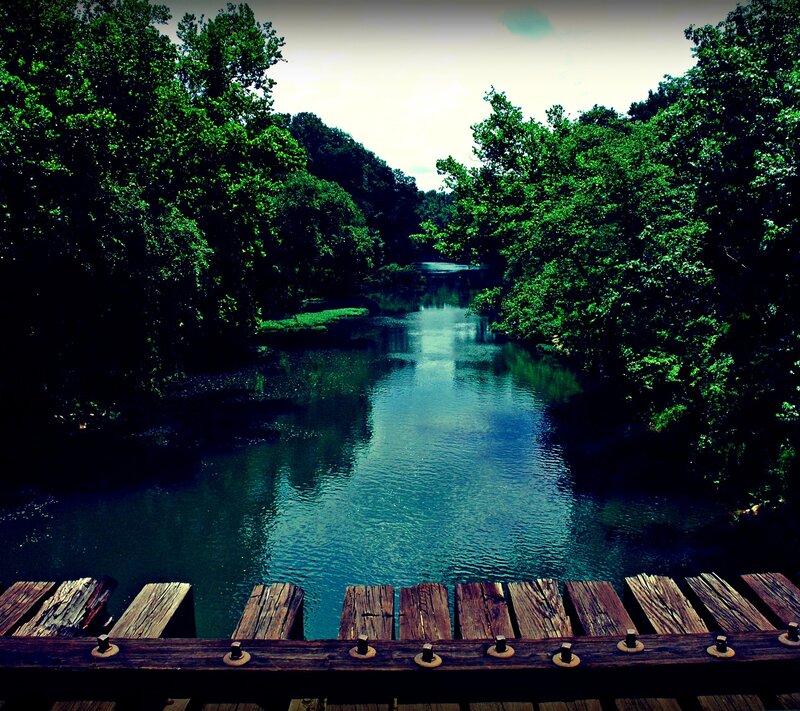 River Through Forest — Green, Serene, Afternoon, Photograph, Wooden Bridge, Trees