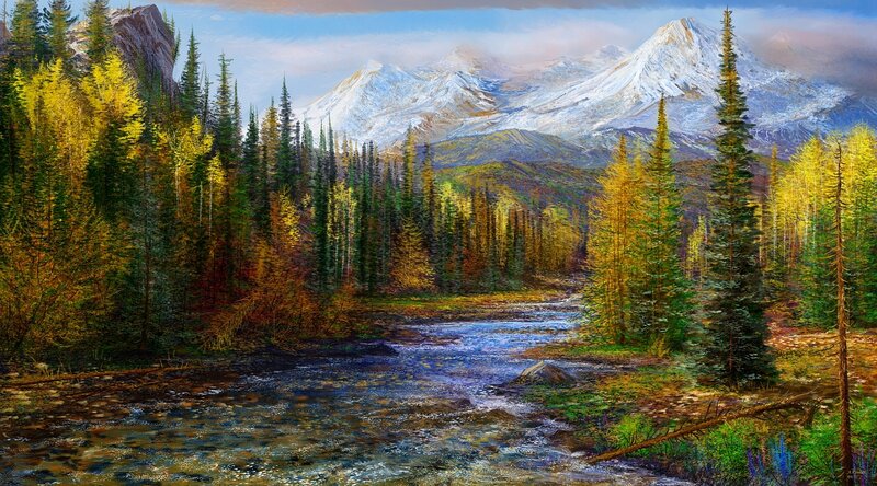 River Through Forest — Green, Serene, Autumn, Painting, Mountains