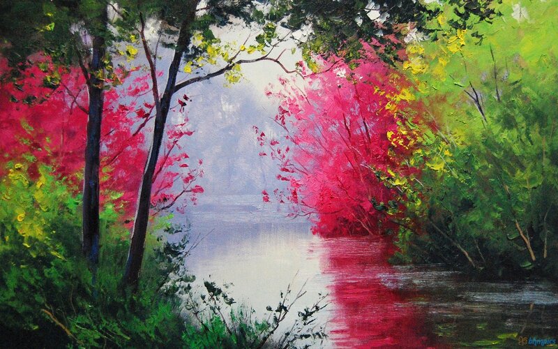 River Through Forest — Green, Serene, Autumn, Painting