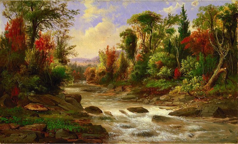 River Through Forest — Green, Serene, Autumn, Painting, Trees
