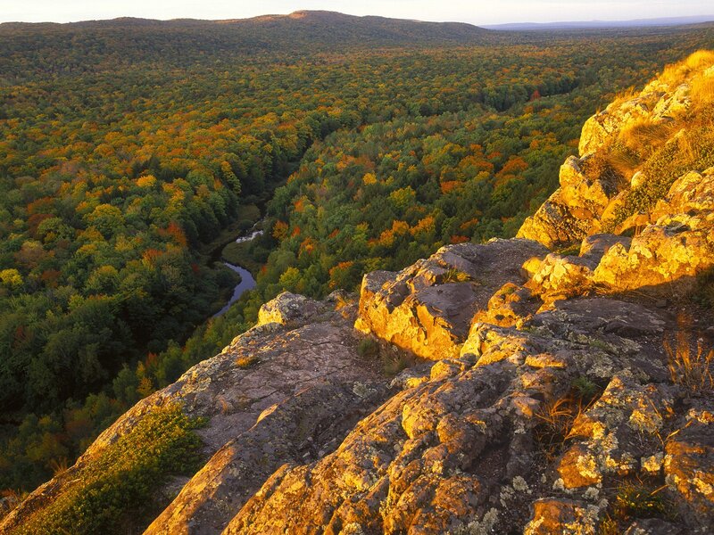 River Through Forest — Green, Serene, Autumn, Photograph, Cliff