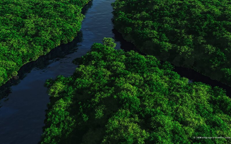 River Through Forest — Green, Serene, Digital Art